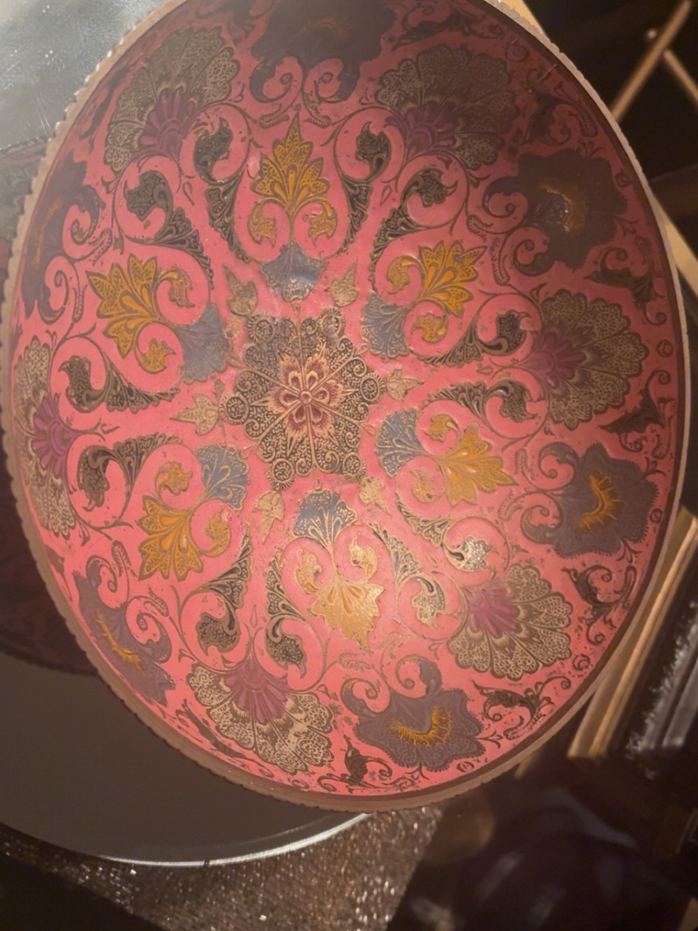 Decorative Round Brass Bowel with Pink Floral Medallion Design